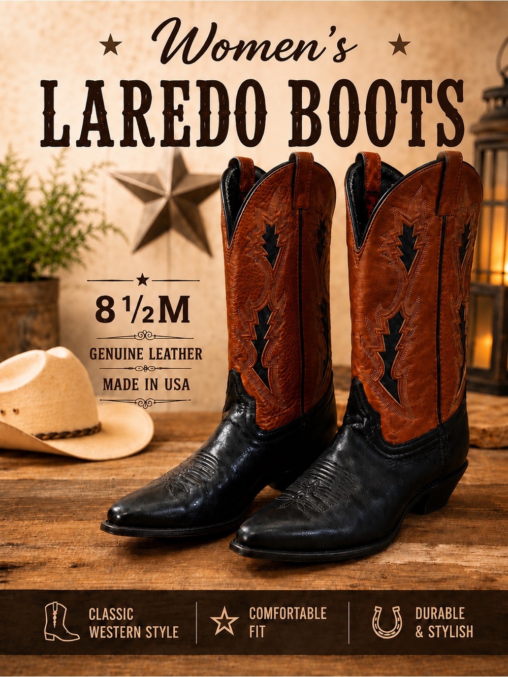 Laredo Women’s Western Cowboy Boots | Size 8½ M || Made in USA |Genuine Leather
